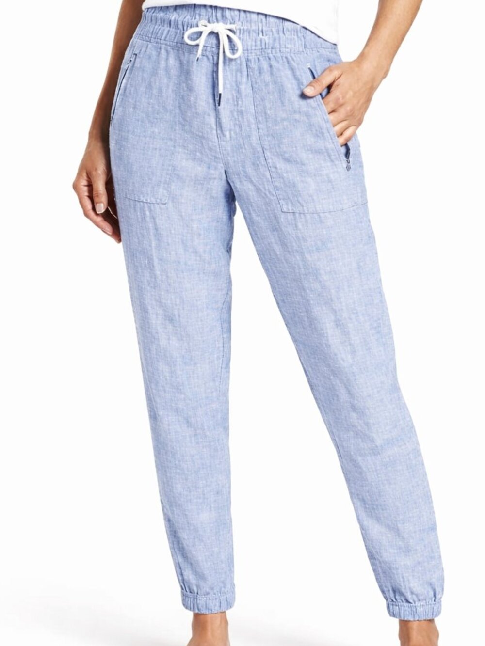 Athleta Cabo 100% Linen Jogger Pants Chambray Blue Zip Pockets Size 0
